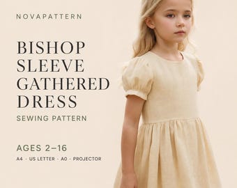 Puede incluir: Un vestido beige con mangas obispo y falda fruncida. El texto dice: NOVAPATTERN BISHOP SLEEVE GATHERED DRESS SEWING PATTERN AGES 2-16 A4 US LETTER A0 PROJECTOR. El vestido presenta un cuello redondo y mangas cortas abullonadas.