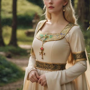 May include: A woman wearing a cream-coloured dress with gold and green embroidery. The dress has a long, flowing skirt and a fitted bodice. The woman is wearing a gold necklace with a red gemstone pendant.