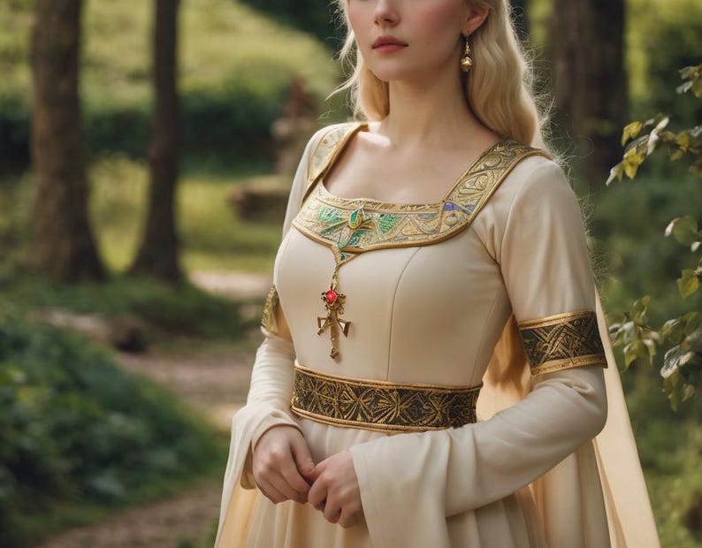 May include: A woman wearing a cream-coloured dress with gold and green embroidery. The dress has a long, flowing skirt and a fitted bodice. The woman is wearing a gold necklace with a red gemstone pendant.