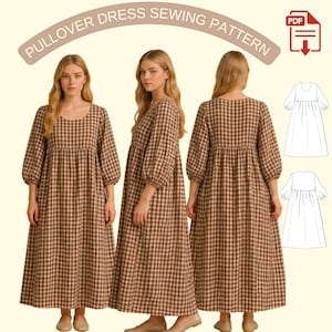 Puede incluir: Tres vistas de un vestido tipo jersey a cuadros marrones y blancos. El vestido tiene un escote redondo, mangas tres cuartos y cintura fruncida. El texto "PULLOVER DRESS SEWING PATTERN" está arqueado sobre las modelos. Un icono de descarga PDF está en la parte superior derecha.