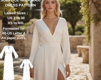 Patrón de costura para vestido de lino estilo cottagecore: cuello cruzado y manga obispo (tallas 2-30, XS-4XL) (patrón en PDF)