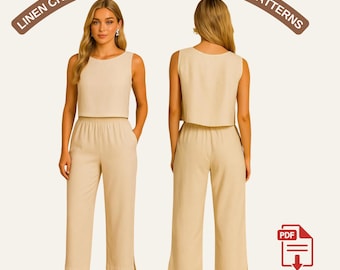 Round Neck Top and Pull-On Pant Set Sewing Pattern | Two Piece Lounge Outfit PDF | Casual Linen Set for Women | Easy Sewing Pattern
