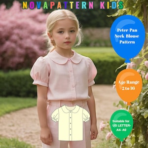 Patrón de costura para blusa con cuello Peter Pan y botones, manga estilo obispo, apto para tallas A4, A0 y EE. UU., DXF, rango de edad de 2 a 16 años