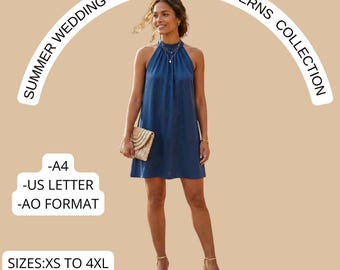 Halter Neck Mini Dress Sewing Pattern, Summer Wedding Guest Dress Pattern, Loose A-line Dress, Back Button Dress,XS to 4XL-PDF, A0 A4 US