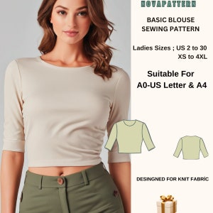 Patrón de costura básico de top corto // blusa de verano // blusa de gran tamaño // adecuado para tallas A0-A4 - Carta de EE. UU. // Tallas de mujer de EE. UU. 2 a 30