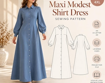 Modest Maxi Dress Sewing Pattern: Bishop Sleeve Renaissance Gown (PDF Pattern)