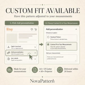 May include: An instructional graphic titled CUSTOM FIT AVAILABLE showing two steps for ordering a custom sewing pattern on Etsy. It displays an Add personalization menu, a Custom Fit to Your Measurements option, and icons for A4, US Letter, A0, and Projector.