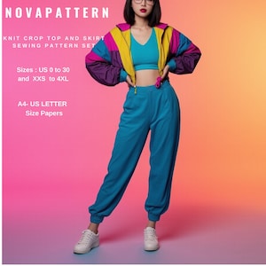 May include: A sewing pattern set for a knit crop top and skirt. The pattern includes sizes US 0 to 30 and XXS to 4XL. The pattern is printed on A4-US Letter size paper.