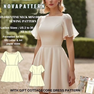 Puede incluir: Un patrón de costura para un vestido blanco corto con escote cuadrado y mangas cortas abullonadas. El patrón está formateado para los tamaños de papel A0, US Letter y A4. El patrón incluye un patrón de vestido cottagecore como bono.