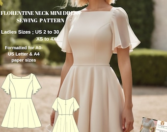 Florentine Neck Mini Dress Sewing Pattern: US Size 2-30 (PDF)