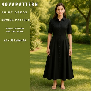 Patrón de vestido camisero con cuello abotonado y mangas cortas, tallas A0-A4 (carta de EE. UU.), tallas de mujer: tallas de la 2 a la 30 (XS a 4XL)