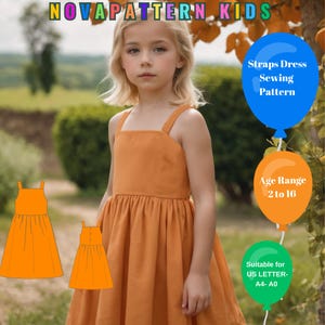 Patrón de costura para vestido de verano con tirantes fruncidos, apto para tamaños A4-A0-US Letter-DXF, rango de edad de 2 a 16 años