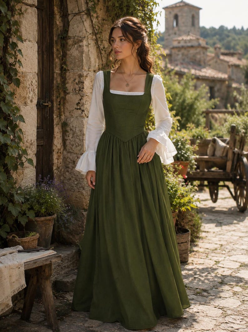 May include: A floor-length olive green dress featuring a fitted bodice with a square neckline and a full skirt, layered over a white long-sleeved blouse with flared cuffs. The dress has a structured waistline and a simple, solid-colored design.