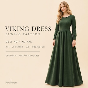 Peut inclure: Une robe longue vert foncé à manches longues avec une encolure ronde et un corsage ajusté. Le texte indique : VIKING DRESS SEWING PATTERN, US 2-40, XS-4XL, A4, US LETTER, A0, PROJECTOR, CUSTOM FIT OPTION AVAILABLE, et NovaPattern.