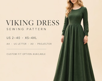 Patrón de costura para vestido medieval vikingo, vestido largo renacentista, vestido de cosplay de fantasía en PDF, tallas de EE. UU. 2 a 30 - A4 Carta de EE. UU. A0