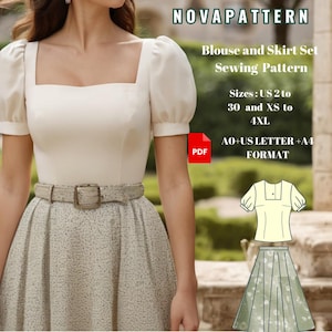Conjunto Fairy Cottagecore, blusa com mangas compridas e saia midi, tamanhos A0-A4; EUA 2 a 30 (nossa coleção inclui opções de tamanhos grandes)