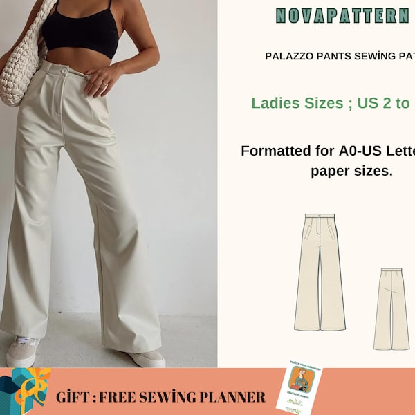 Patrón de costura de pantalones palazzo de pierna ancha/talla de mujer; EE. UU. 2 a 30 / Xs a 4 XL: nuestra colección incluye opciones de tallas grandes