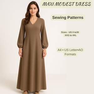 Maxi Modest Dress Sewing Pattern | Long Sleeve V Neck Dress | Elegant Loose Fit Maxi Gown | Minimalist Abaya Style Dress |Simple Pattern