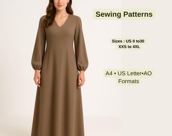 Maxi Modest Dress Sewing Pattern | Long Sleeve V Neck Dress | Elegant Loose Fit Maxi Gown | Minimalist Abaya Style Dress |Simple Pattern