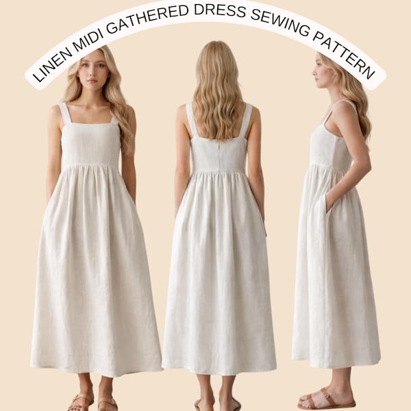 Linen Midi Gathered Dress Sewing Pattern, Square Neck Sleeveless Dress PDF Pattern, Simple Summer Sundress, A4 A0 US Letter, XS–4XL