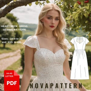 Patrón de vestido Cottagecore de hadas, vestido de verano midi con escote en forma de corazón y mangas acampanadas, tallas A0-A4-Carta; EE. UU. 2 a 30
