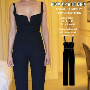 May include: A black formal jumpsuit with a V-neckline and spaghetti straps. The image includes text that reads "NOVAPATTERN FORMAL JUMPSUIT SEWING PATTERN" and size information in US and EU sizes. A line drawing of the jumpsuit is also shown.