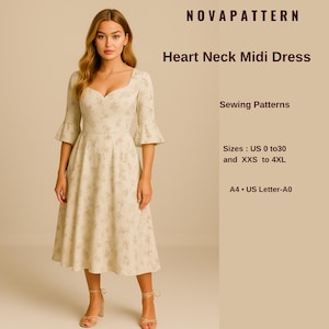 Fairy Cottagecore Dress Pattern,Heart neck,fit and flare sleeve midi summer dress A0-A4-Letter Sizes; US 2 to 30