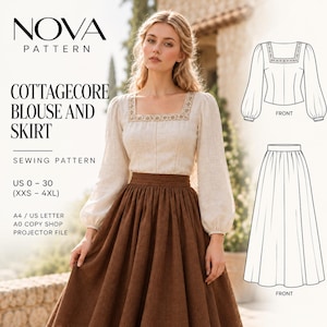 Könnte beinhalten: Ein Schnittmuster für eine Bluse und einen Rock von Nova Pattern. Die Bluse ist beige, hat lange Ärmel und einen quadratischen Ausschnitt mit Stickerei. Der Rock ist braun und bodenlang. Enthält technische Zeichnungen der Vorderansichten.