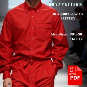 May include: A red long-sleeve shirt sewing pattern for men. The pattern includes sizes 36 to 56, S to 4XL. The pattern is available in A4, A0, and Letter sizes. The pattern is in PDF format. NOVAPATTERN.