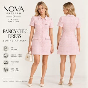 Chic Mini Dress Sewing Pattern | Button Down Tweed Dress | Elegant Collar Dress PDF | Women Dress Pattern | A4 US Letter A0 DXf | XS-2XL image 1