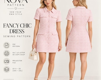 Chic Mini Dress Sewing Pattern | Button Down Tweed Dress | Elegant Collar Dress PDF | Women Dress Pattern | A4 US Letter A0 DXf | XS-2XL