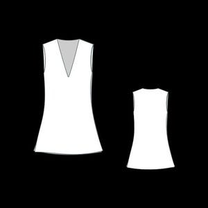 May include: A sleeveless white dress with a V-neckline and a slightly flared skirt. The dress is shown from the front and back.