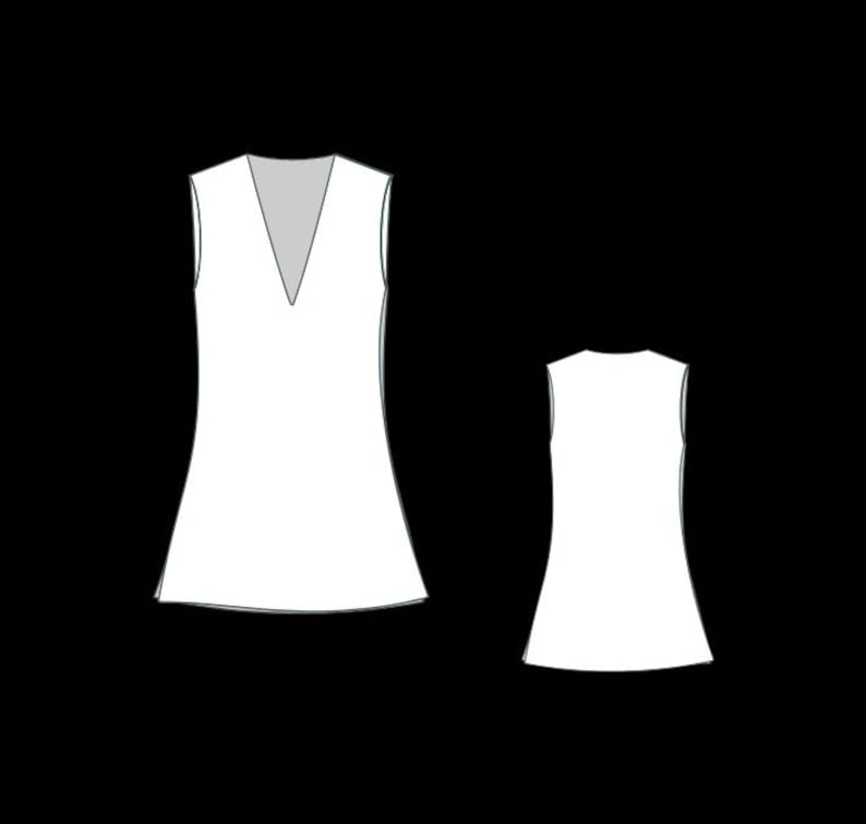May include: A sleeveless white dress with a V-neckline and a slightly flared skirt. The dress is shown from the front and back.
