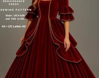 Queen Gown Sewing Pattern | Renaissance Ball Gown | Historical Dress Pattern | Elegant Velvet Gown PDF | Sizes XS–4XL US 0–30