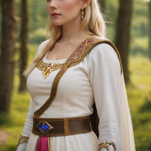 May include: A woman wearing a white dress with a gold and brown patterned belt and a gold and red patterned shoulder strap. The dress has a pink underskirt.