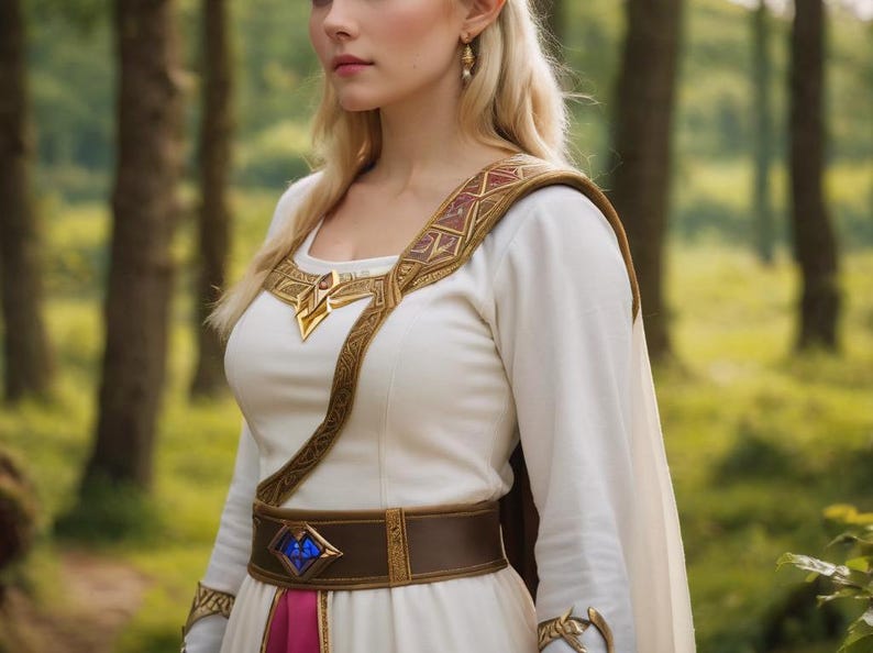 May include: A woman wearing a white dress with a gold and brown patterned belt and a gold and red patterned shoulder strap. The dress has a pink underskirt.