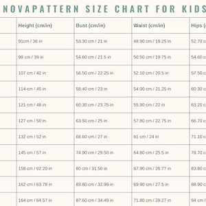 May include: A size chart for kids from Novapattern, with measurements in both centimeters and inches. The chart includes age ranges from 2 to 16, listing height, bust, waist, and hip measurements.