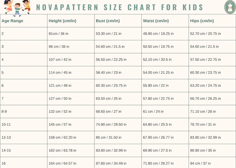 May include: A size chart for kids from Novapattern, with measurements in both centimeters and inches. The chart includes age ranges from 2 to 16, listing height, bust, waist, and hip measurements.