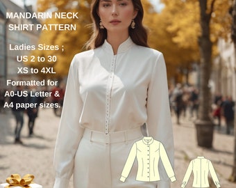 Patrón de blusa de camisa con cuello mandarín, camisa de oficina formal, tamaños de letra A0-A4; EE.UU. 2 a 30 (Nuestra colección incluye opciones de tallas grandes)