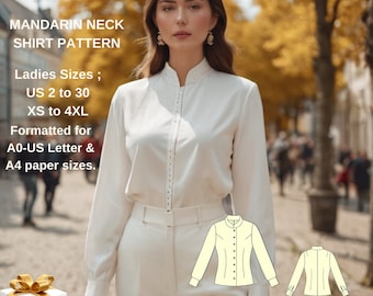 Mandarin Neck Blouse Sewing Pattern: US 2-30, XS-4XL (PDF Pattern)