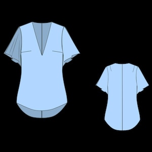 Puede incluir: Top de mujer azul claro con cuello en V y mangas cortas acampanadas. La vista frontal muestra el dise&ntilde;o de la parte superior, incluido un peque&ntilde;o detalle de bolsillo. La vista trasera muestra las l&iacute;neas simples y limpias de la parte superior. La parte superior tiene un dobladillo curvo.