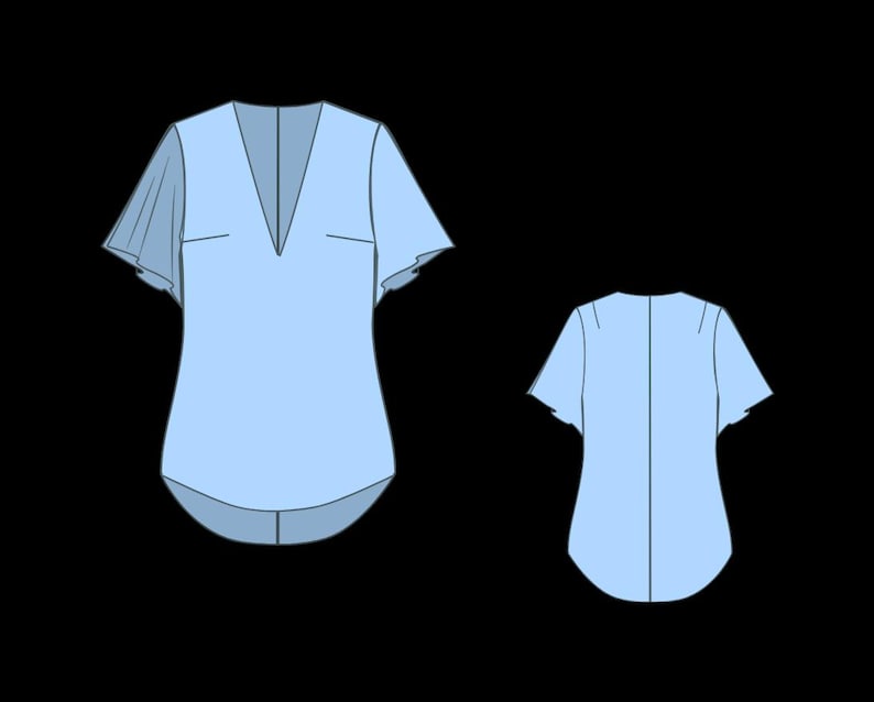 Puede incluir: Top de mujer azul claro con cuello en V y mangas cortas acampanadas. La vista frontal muestra el dise&ntilde;o de la parte superior, incluido un peque&ntilde;o detalle de bolsillo. La vista trasera muestra las l&iacute;neas simples y limpias de la parte superior. La parte superior tiene un dobladillo curvo.