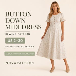 Puede incluir: Un patrón de costura para un vestido midi abotonado con estampado floral. El texto dice: BUTTON DOWN MIDI DRESS, SEWING PATTERN, US 2-30, A4, US LETTER, A0, PROJECTOR, CUSTOM FIT OPTION AVAILABLE NOW, NOVAPATTERN. El vestido tiene mangas cortas con volantes.