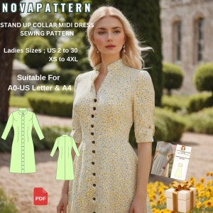 Patrón de costura para vestido de hada con cuello alto y botones, tallas de mujer: EE. UU. 2 a 30 // XS a 4XL // Tamaños de papel para formularios Carta-A4-A0