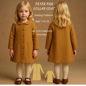 May include: Mustard-colored Peter Pan collar coat sewing pattern for ages 2 to 16. The image shows the front and back of the coat, along with a line drawing and a solid color illustration of the coat. The text on the image says "PETER PAN COLLAR COAT" and "Sewing Patterns".