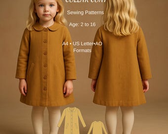 Kids Peter Pan Collar Coat Sewing Pattern, Classic Button Down Jacket PDF Pattern, Toddler to Teen Girl Outerwear, Ages 2-16,A4 A0 US Letter