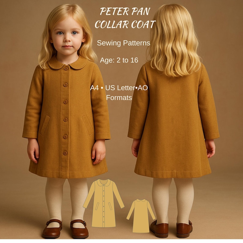 May include: A mustard yellow coat with a Peter Pan collar, long sleeves, and a front button closure. Text reads: PETER PAN COLLAR COAT, Sewing Patterns, Age: 2 to 16, A4 &bull; US Letter &bull; AO Formats. Includes two flat illustrations of the coat design.