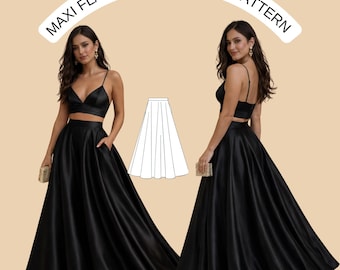 Maxi Flare Skirt Sewing Pattern | High Waist Long Skirt | Elegant Evening or Formal Skirt | Flowing A-Line Maxi Skirt | PDF Sewing Pattern
