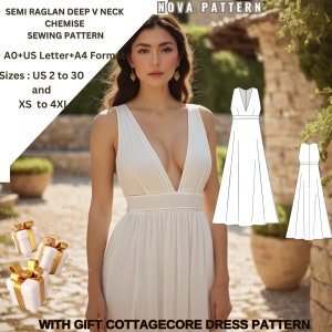 Chemise estilo grego, semi raglan, vestido de fantasia com decote em V profundo, padrão de costura, tamanho feminino (US2 a 30) - UE (XS a 4XL) - adequado para A4-A0-carta dos EUA