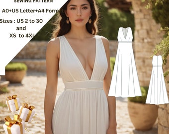 Patrón de costura para vestido camisero estilo griego: escote en V profundo y manga raglán (tallas A4-A0-US) (PDF)